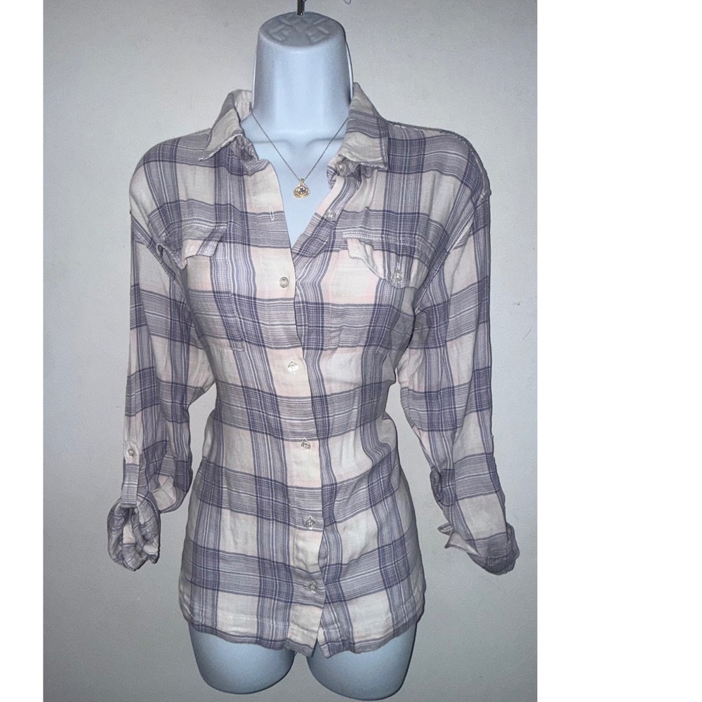 Gloria Vanderbilt Womens Plaid Button Down Shirt Purple White Long Sleeve Size M